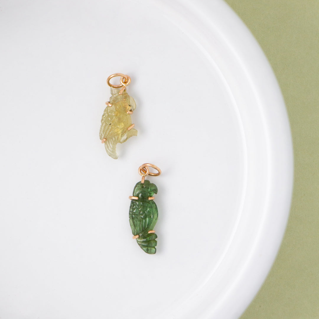 Parrots — Tourmaline Carvings with 14k gold