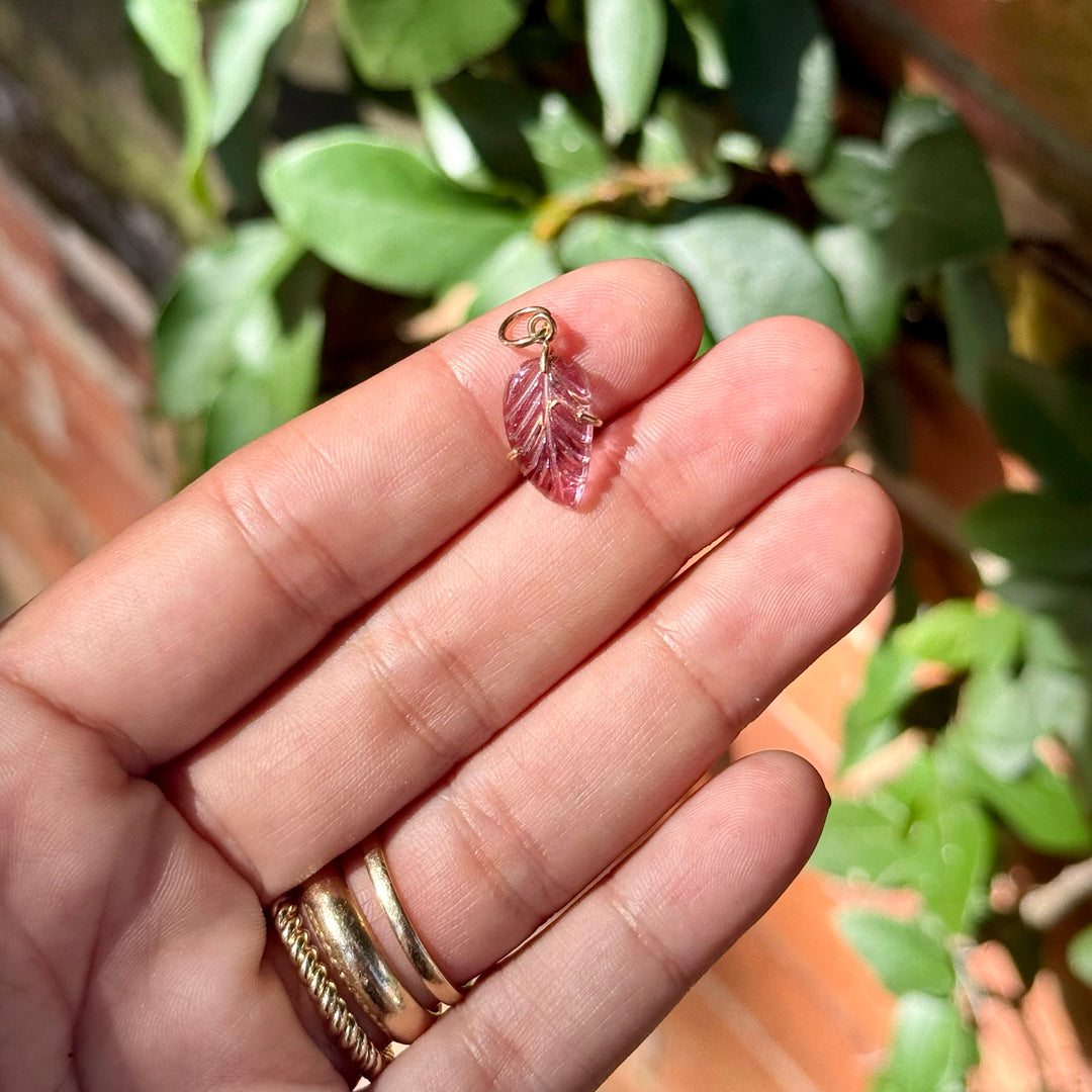 Leaf — Pink Tourmaline Carving with 14k gold