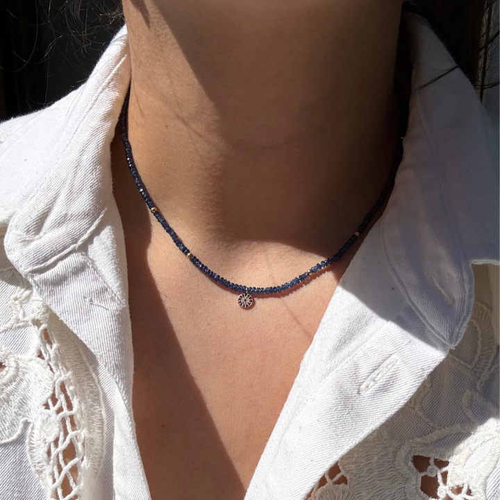Mini — Blue Sapphire & Diamond Evil Eye Charm Necklace