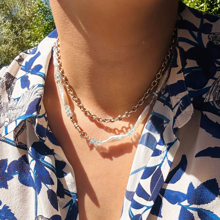 Paulina — Aquamarine & Biwa Pearl Knotted Necklace