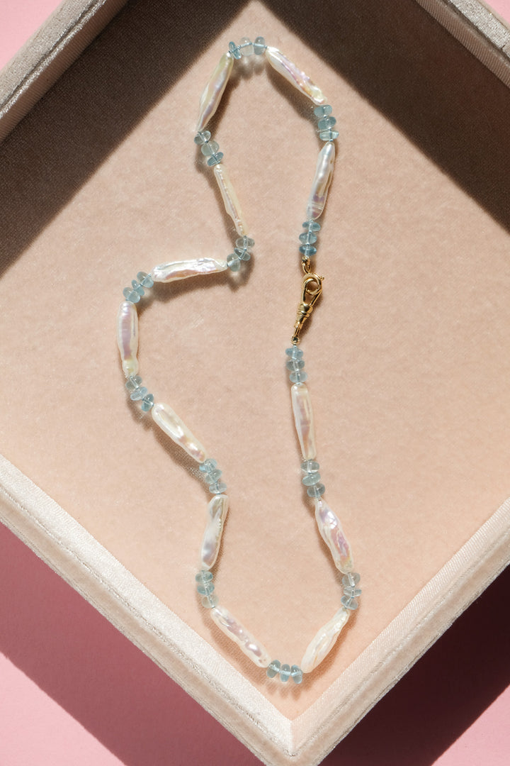 Paulina — Aquamarine & Biwa Pearl Knotted Necklace