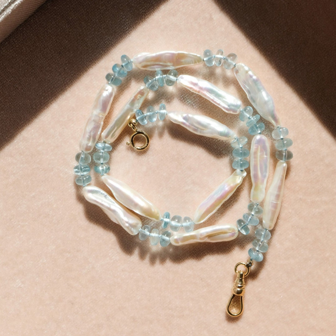 Paulina — Aquamarine & Biwa Pearl Knotted Necklace