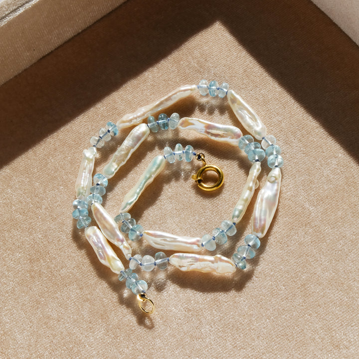 Paulina II — Aquamarine & Biwa Pearl Knotted Necklace