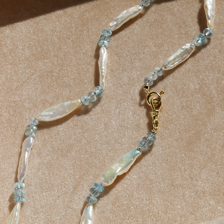 Paulina III — Aquamarine & Biwa Pearl Knotted Necklace