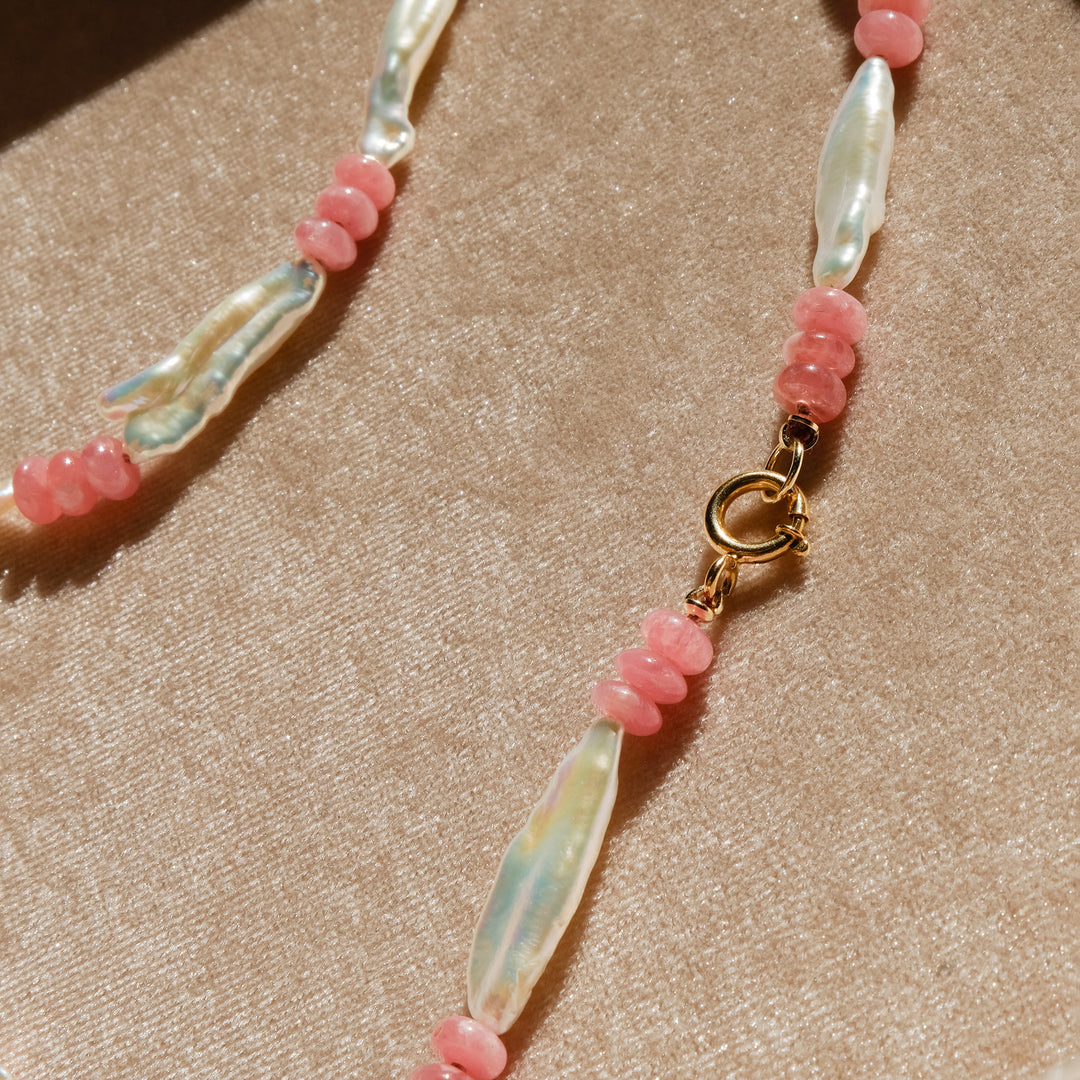 Pauline — Rhodochrosite & Biwa Pearl Knotted Necklace