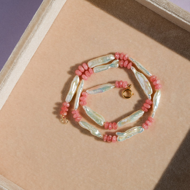 Pauline — Rhodochrosite & Biwa Pearl Knotted Necklace