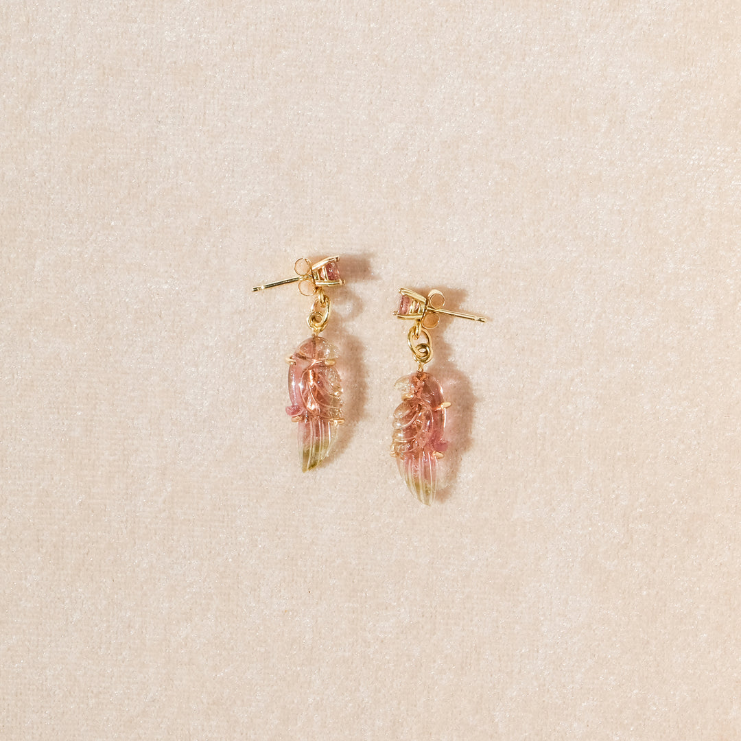 Perico Earrings — Multi-Colored Tourmaline Carvings with Pink Tourmaline Studs Set in 14k Gold