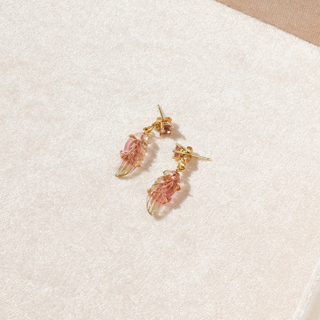 Perico Earrings — Multi-Colored Tourmaline Carvings with Pink Tourmaline Studs Set in 14k Gold