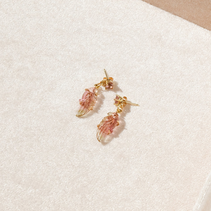 Perico Earrings — Multi-Colored Tourmaline Carvings with Pink Tourmaline Studs Set in 14k Gold