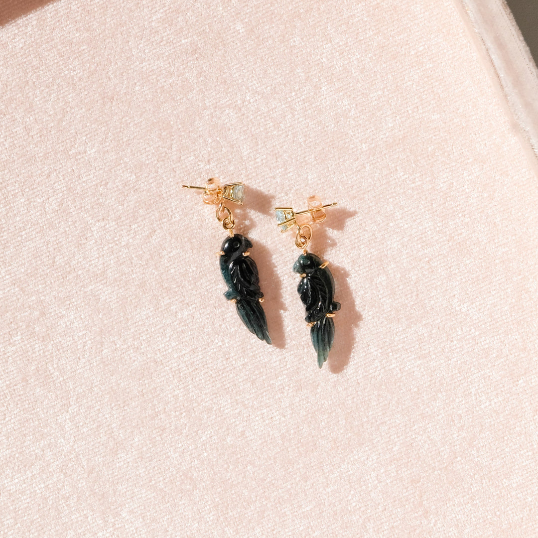 Perico Earrings — Blue Tourmaline Carvings with Aquamarine 14k Gold
