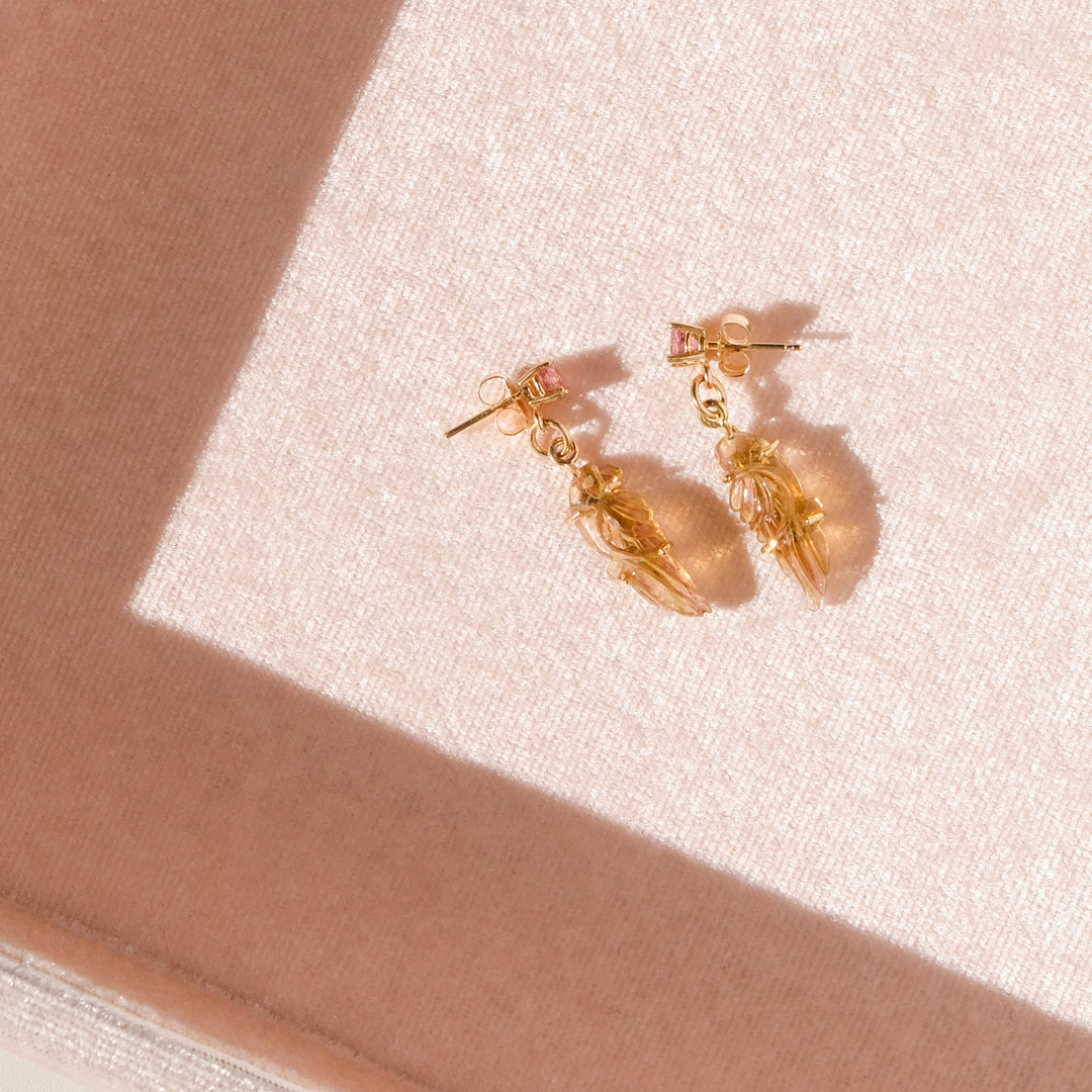 Perico Earrings — Peach Tourmaline Carvings with 14k Gold
