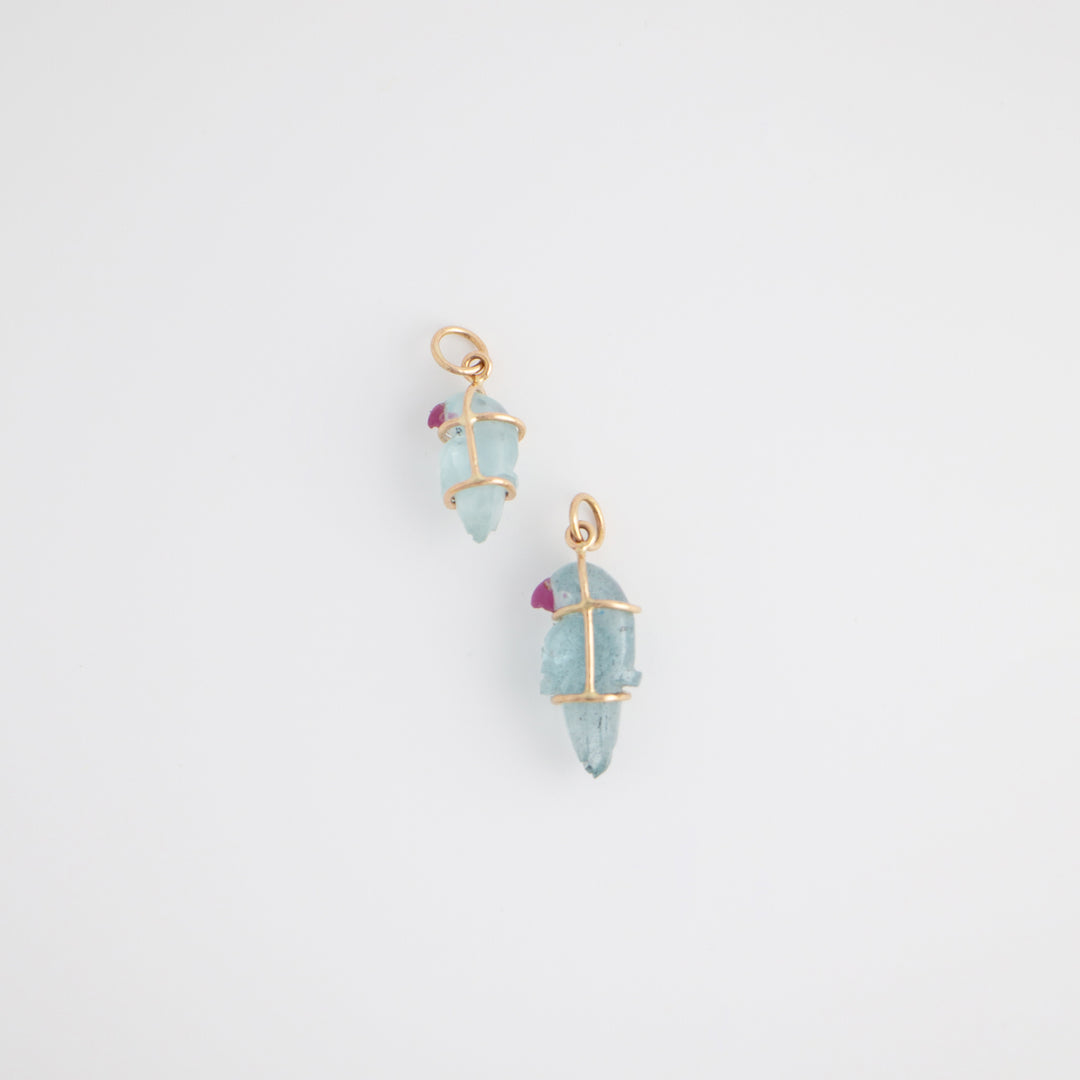 Pericos — Aquamarine & Ruby Carvings with 14k gold