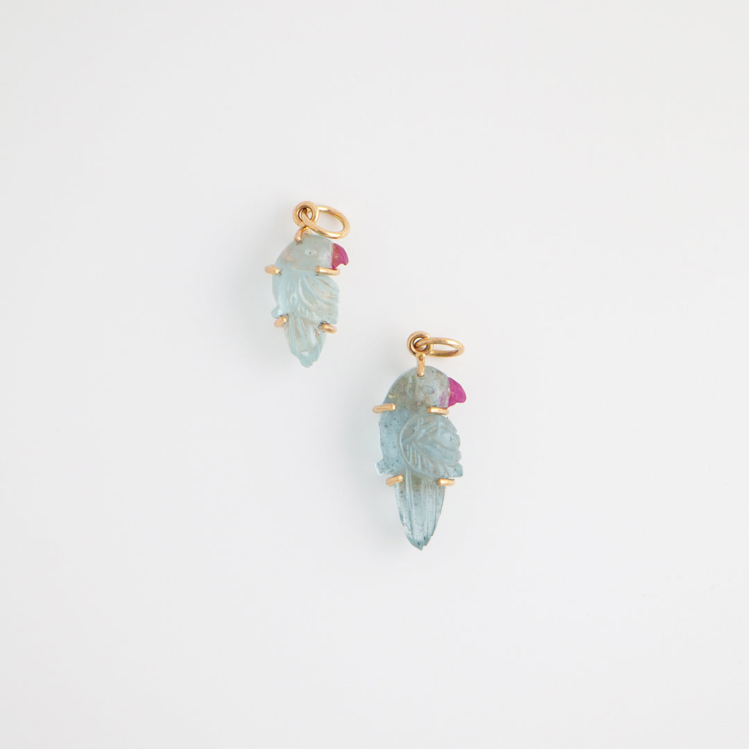 Pericos — Aquamarine & Ruby Carvings with 14k gold