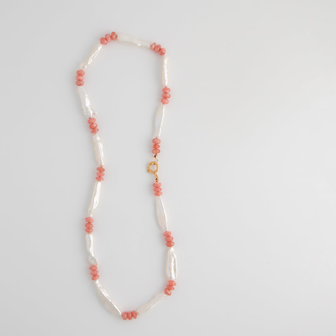 Pauline — Rhodochrosite & Biwa Pearl Knotted Necklace