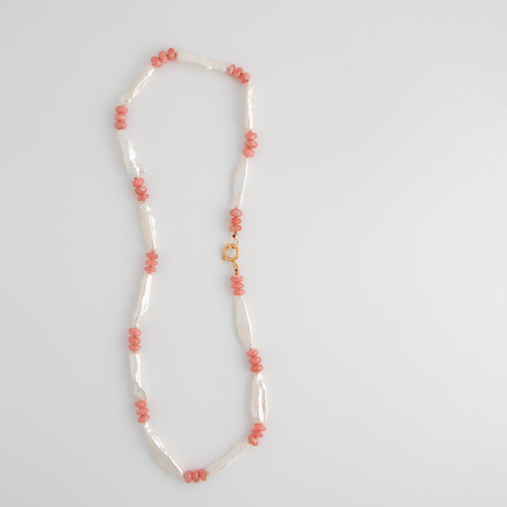 Pauline — Rhodochrosite & Biwa Pearl Knotted Necklace