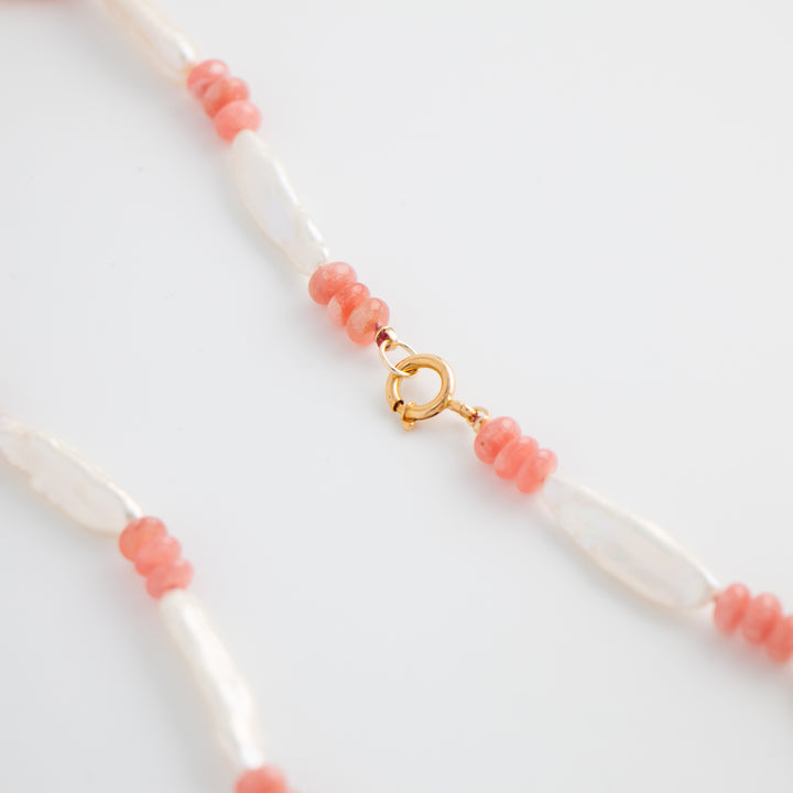 Pauline — Rhodochrosite & Biwa Pearl Knotted Necklace