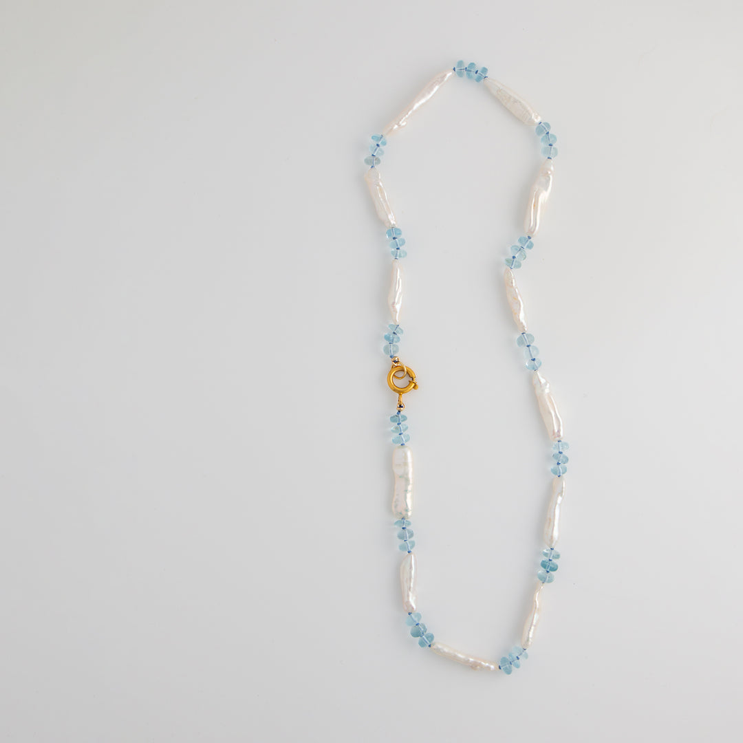 Paulina II — Aquamarine & Biwa Pearl Knotted Necklace