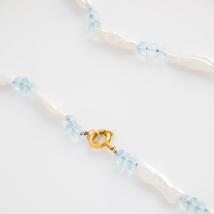 Paulina II — Aquamarine & Biwa Pearl Knotted Necklace