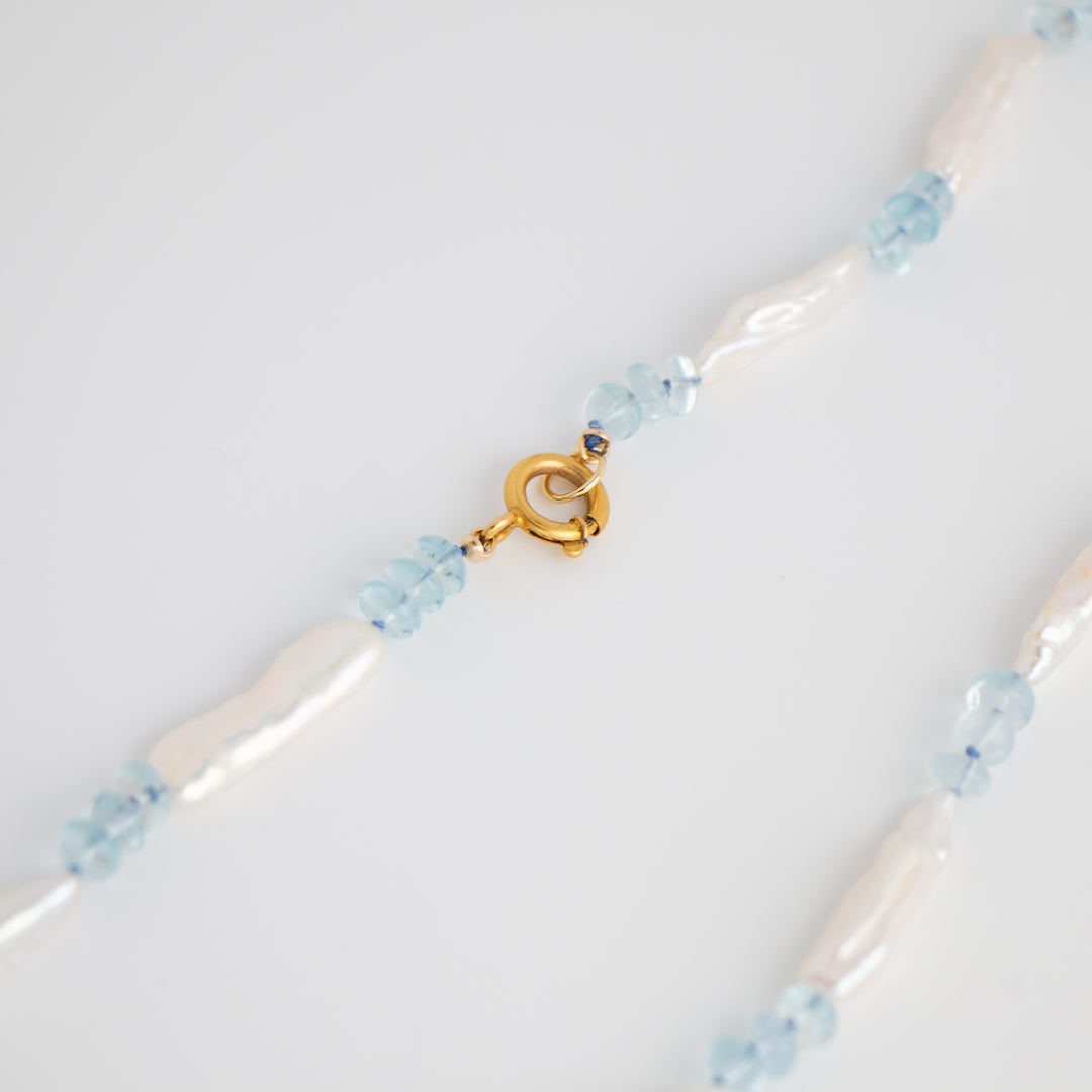 Paulina II — Aquamarine & Biwa Pearl Knotted Necklace