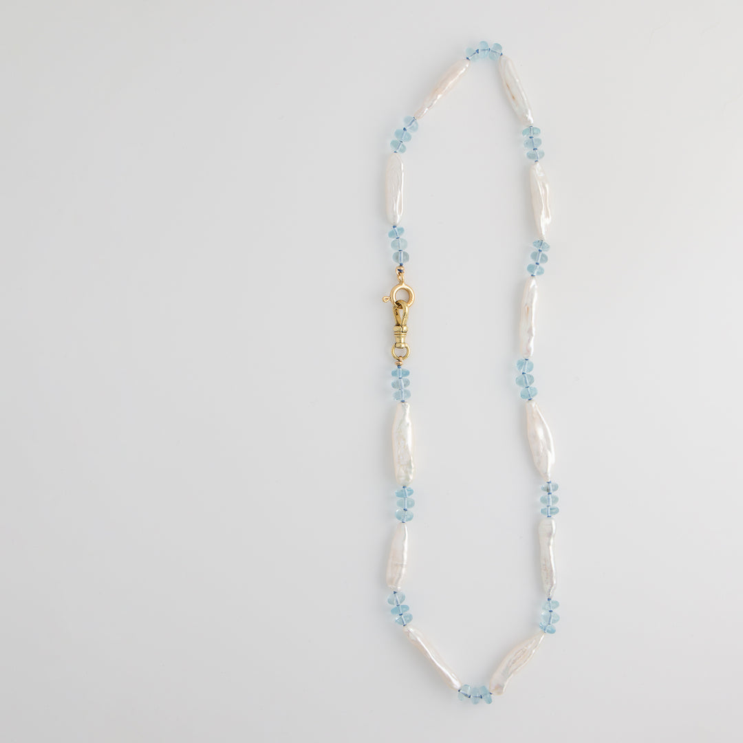 Paulina III — Aquamarine & Biwa Pearl Knotted Necklace