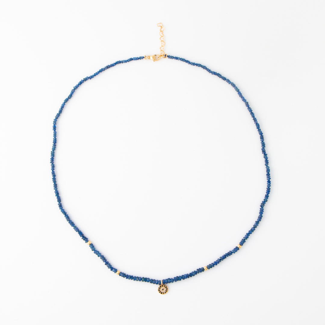 Mini — Blue Sapphire & Diamond Evil Eye Charm Necklace