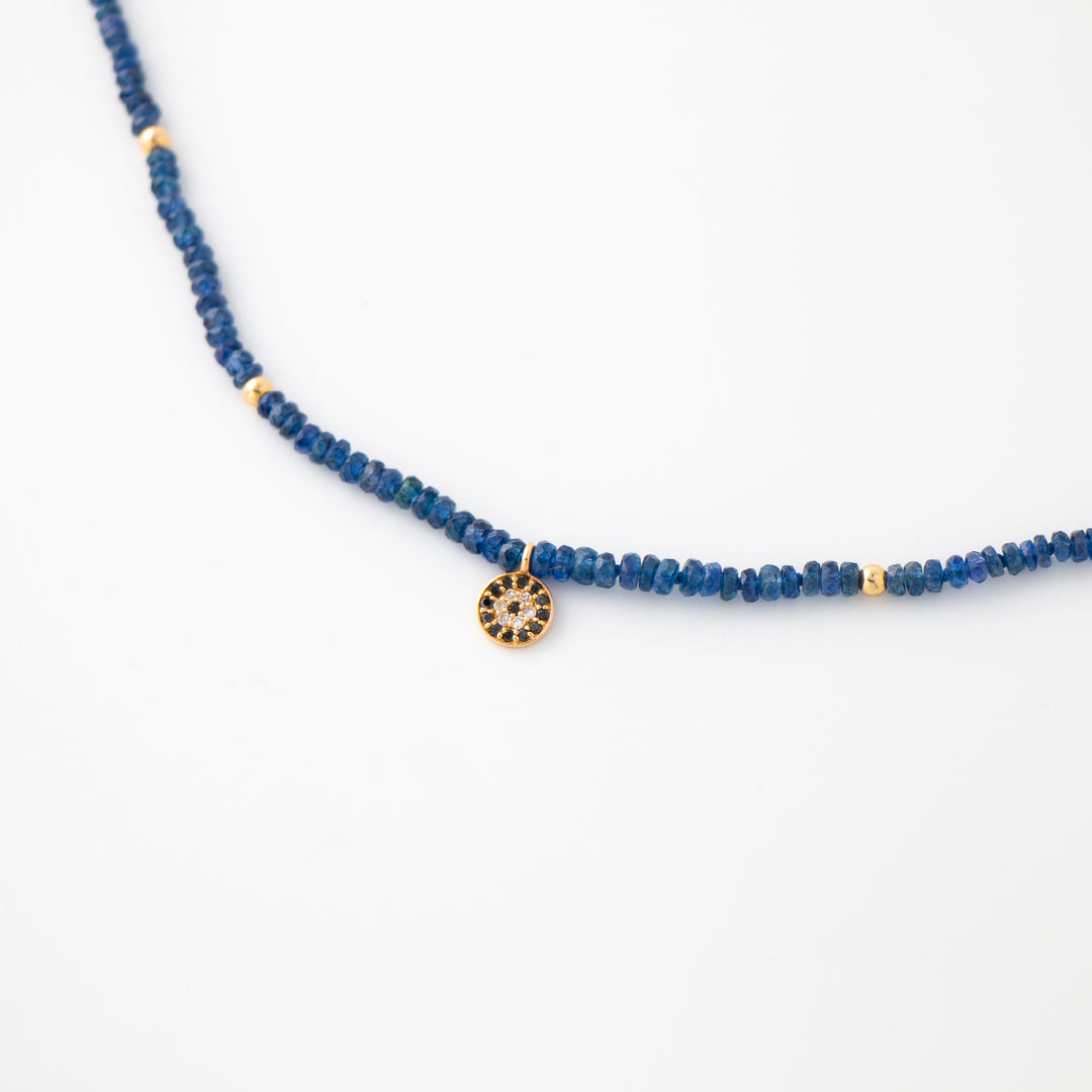 Mini — Blue Sapphire & Diamond Evil Eye Charm Necklace