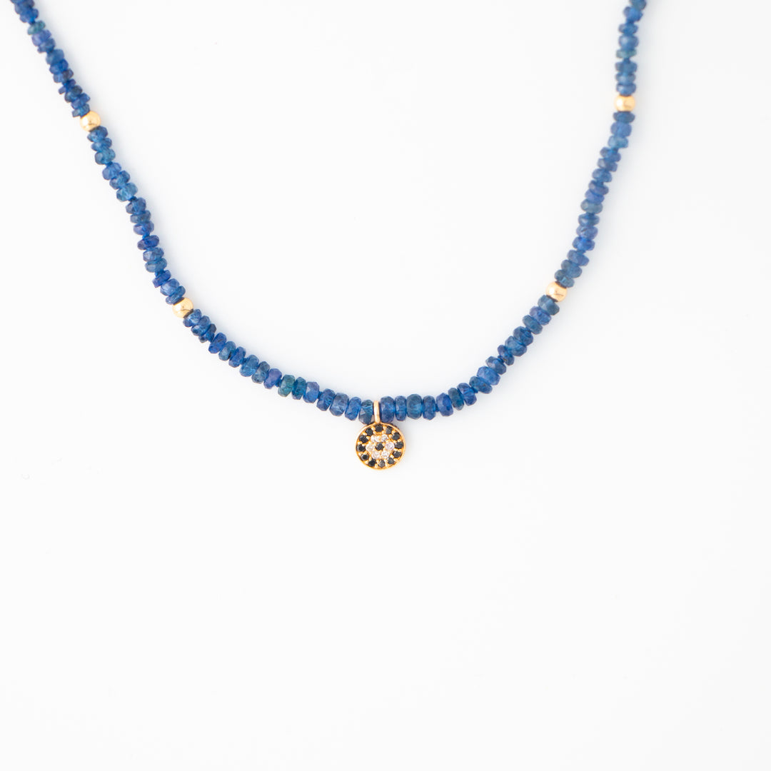 Mini — Blue Sapphire & Diamond Evil Eye Charm Necklace