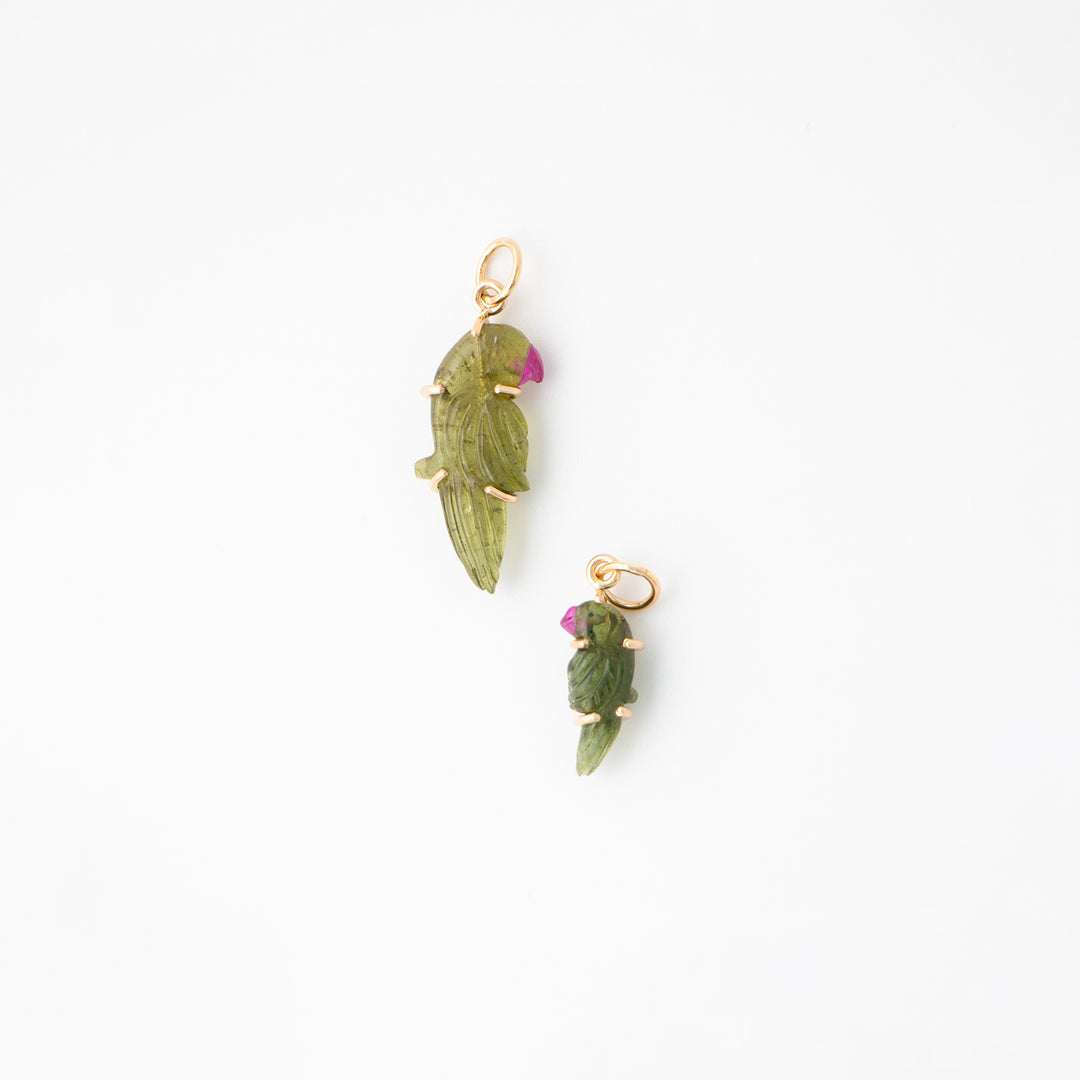 Pericos — Green Tourmaline Carvings with 14k gold