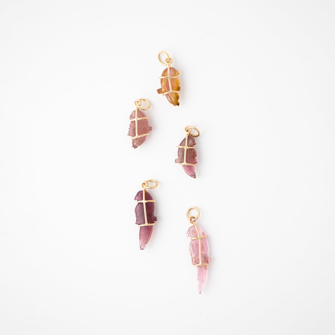 Pericos — Pink Tourmaline Carvings with 14k gold