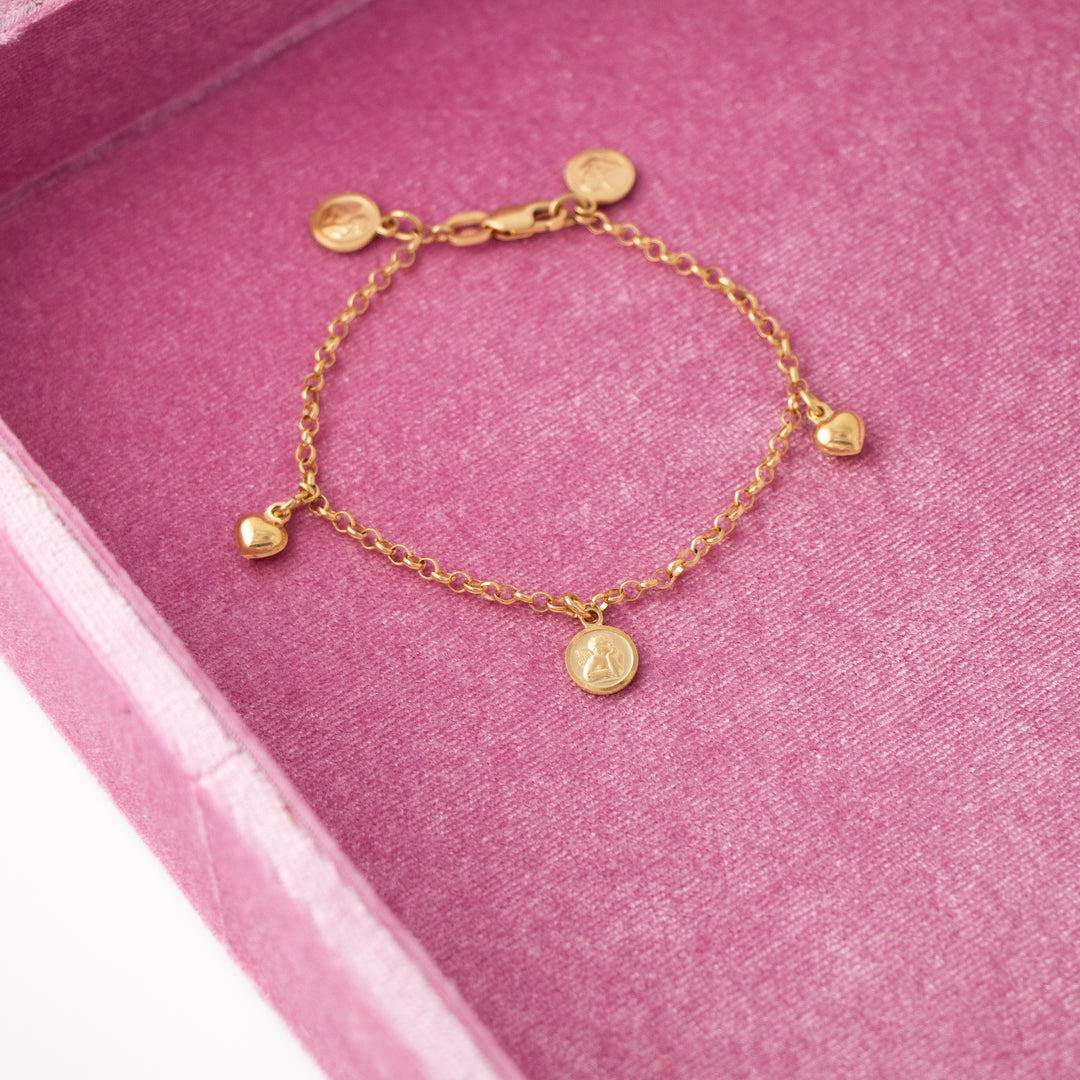 Vintage Cherub & Hearts 14k Yellow Gold Bracelet