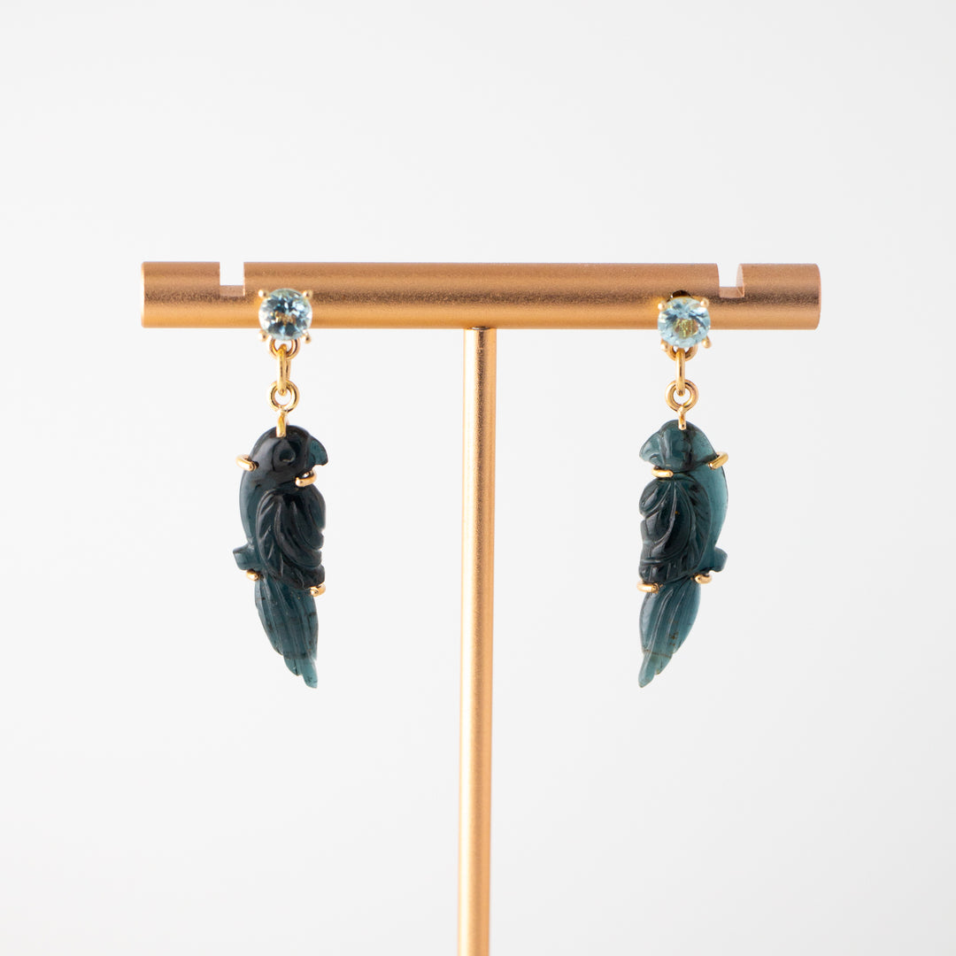 Perico Earrings — Blue Tourmaline Carvings with Aquamarine 14k Gold