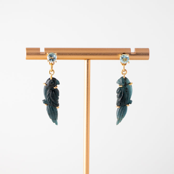 Perico Earrings — Blue Tourmaline Carvings with Aquamarine 14k Gold