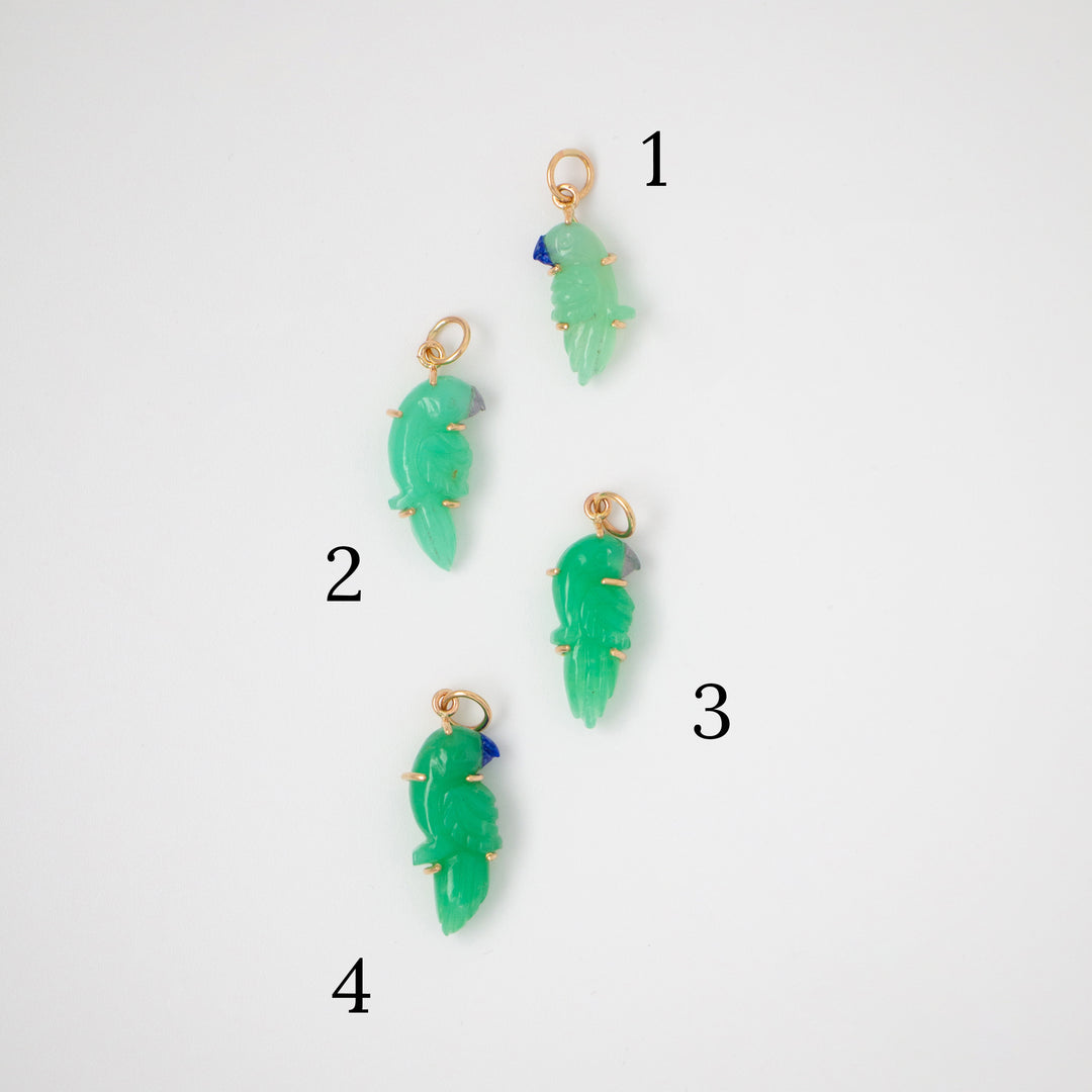 Pericos — Chrysoprase Carvings with 14k gold