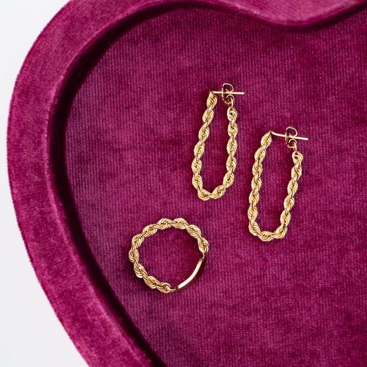 Vintage 14k Yellow Gold Rope Chain Earrings & Ring Set