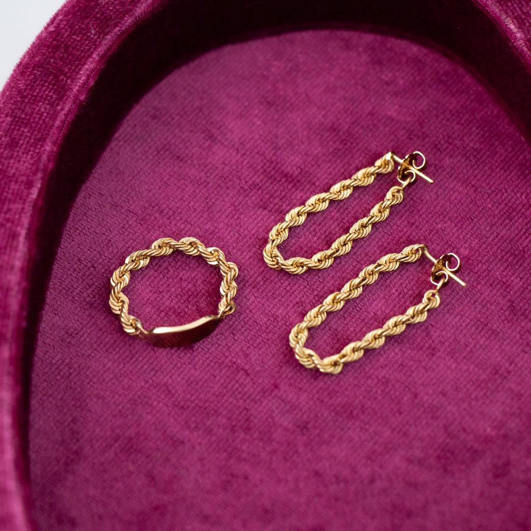 Vintage 14k Yellow Gold Rope Chain Earrings & Ring Set