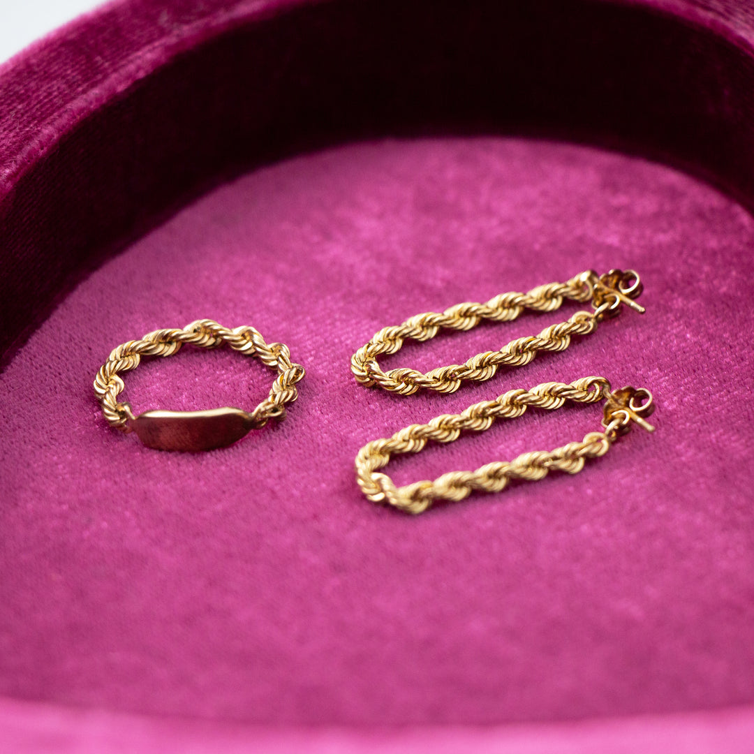 Vintage 14k Yellow Gold Rope Chain Earrings & Ring Set