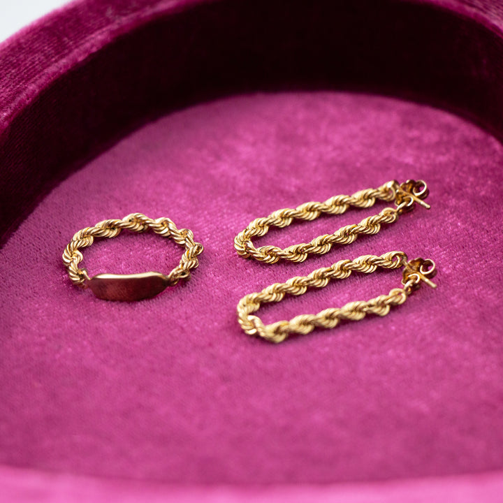 Vintage 14k Yellow Gold Rope Chain Earrings & Ring Set