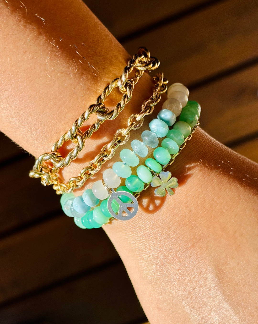 Ale — Chrysoprase with Clover Charm Bracelet