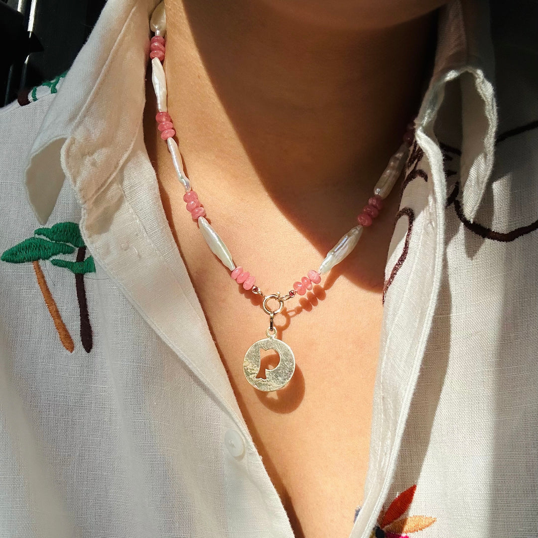 Pauline — Rhodochrosite & Biwa Pearl Knotted Necklace